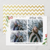 Joyeux Noel Modern Red Gold Berry | Multifoto Feestdagenkaart (Voorkant / Achterkant)