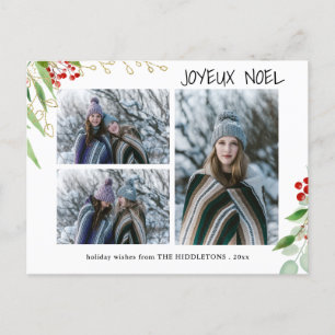 Joyeux Noel Modern Red Gold Berry   Multifoto Feestdagenkaart