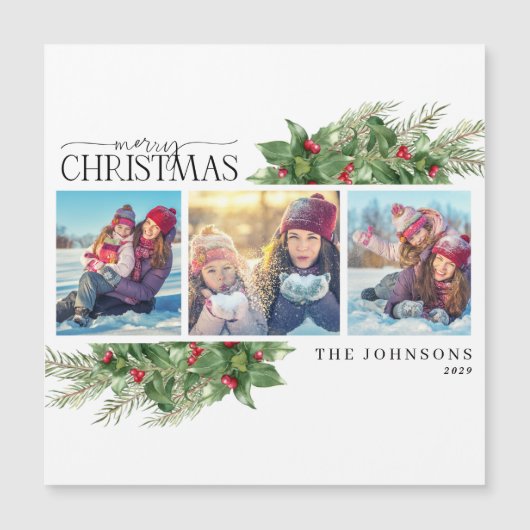 Joyeux Noël moderne Holly Berry Magnet photo (Devant)