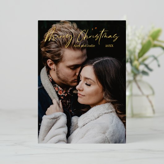 Joyeux Noël moderne scripté Foil Carte de vacances (Debout devant)