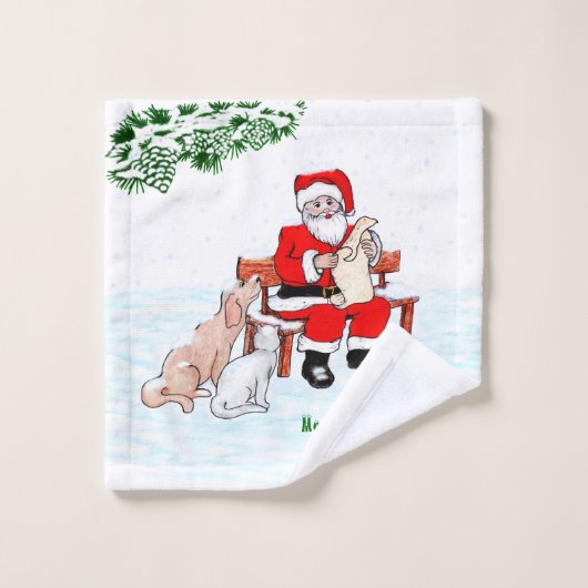 Joyeux Noël! Père Noël avec chat et chien (Gant de toilette)