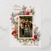 Joyeux Noël Photo Floral Foil Carte de vacances (Recto)
