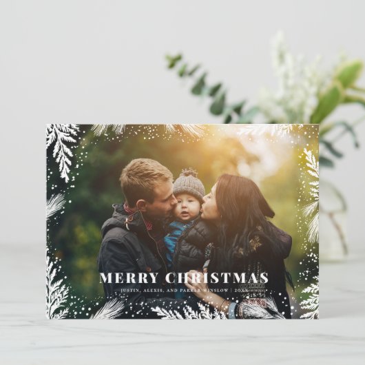 Joyeux Noël Pine Bordure Carte de Noël (Debout devant)