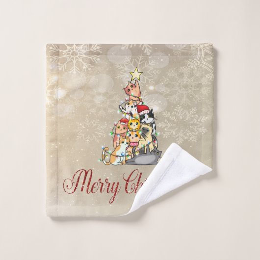 Joyeux Noël, Pine Tree Cats Snowflakes (Gant de toilette)