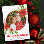Joyeux Noël Poinsettia - Carte magnétique photo po<br><div class="desc">Une belle floraison de poinsettia rouge à feuilles saintes entoure votre photo de famille festive carré au-dessus de Joyeux Noël. Des enfants lumineux et gais photographient des cartes magnétiques de vacances avec de jolies fleurs et des feuilles.</div>