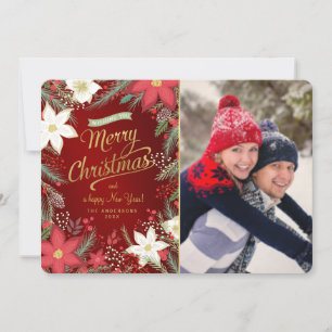 Joyeux Noël Poinsettia & Pine Carte photo plat