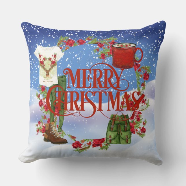 Joyeux Noël Randonneurs Coussin avec Montagnes (Recto)