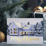 Joyeux Noël Real Estate Company Winter Gold<br><div class="desc">Cette belle carte de vacances en feuille d'or personnalisée est parfaite pour une entreprise immobilière située au nord. Superbe neige blanche borde les arbres et la maison sur cette photo d'hiver. Un courtier peut garder Joyeux Noël en écriture or ou customiser avec ses propres Joyeuses Fêtes. Ajoutez votre message personnalisé...</div>