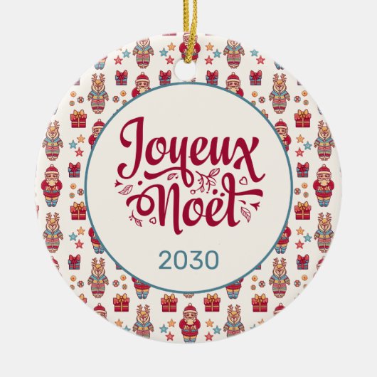 Joyeux Noel Retro Santa Cream Keramisch Ornament (Voorkant)
