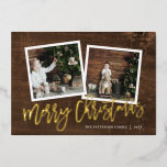 Joyeux Noël Rustique Script 2 Photo Gold<br><div class="desc">Cartes photos de Noël imprimées sur mesure et abordables avec des modèles simples pour la personnalisation. Ce design rustique chic dispose d'un 2 modèle photo avec un texte en véritable feuille d'or sur un arrière - plan à l'aspect bois. Personnalisez-le avec vos photos, nom de famille, année ou autre texte...</div>