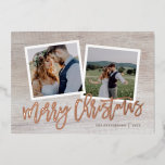 Joyeux Noël Rustique Script 2 Photo Gold<br><div class="desc">Cartes photos de Noël imprimées sur mesure et abordables avec des modèles simples pour la personnalisation. Ce design rustique chic dispose d'un 2 modèle photo avec un texte en véritable feuille d'or sur un arrière - plan à l'aspect bois. Personnalisez-le avec vos photos, nom de famille, année ou autre texte...</div>