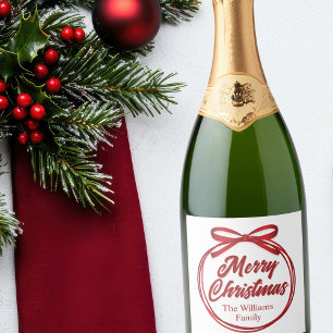 Joyeux Noël Script Red Ribbon Bow Vin Étiquette