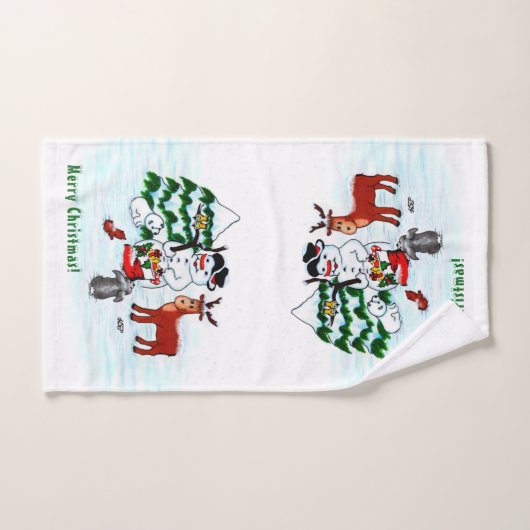 Joyeux Noël ! Snowman avec amis (Serviette à main)