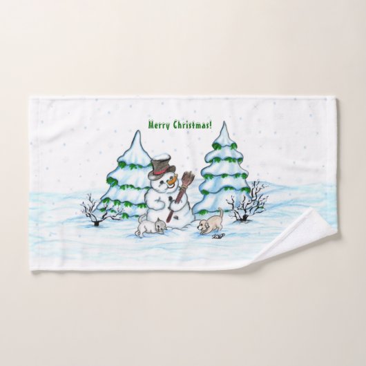 Joyeux Noël ! Snowman avec chat et chiot (Serviette à main)