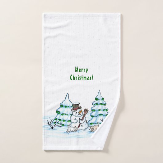 Joyeux Noël ! Snowman avec chat et chiot (Serviette à main)