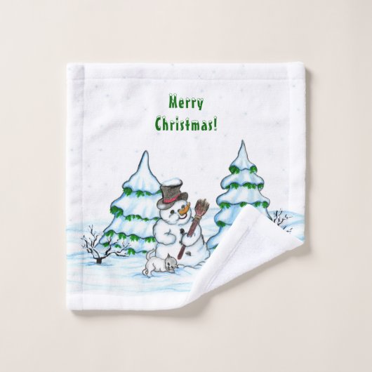 Joyeux Noël ! Snowman avec chat et chiot (Gant de toilette)