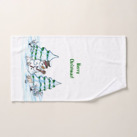 Joyeux Noël ! Snowman avec chat et chiot (Serviette à main)