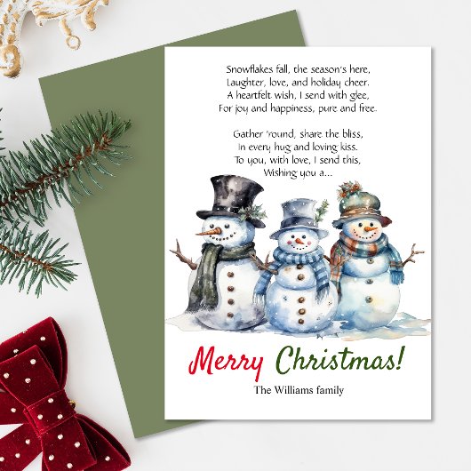 Joyeux Noël Snowman Poème de Noël Carte de voeux
