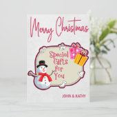 Joyeux Noël Snowman présente une carte de vacances (Debout devant)