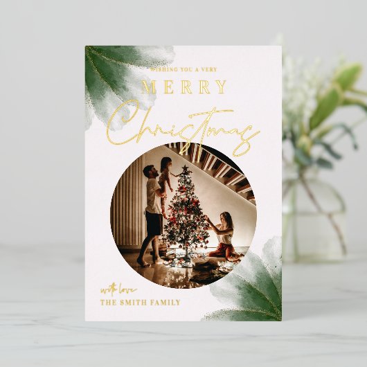 Joyeux Noël vert Script Photo Carte Foil (Debout devant)
