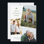Joyeux Noël vert voeux trois Cartes photos<br><div class="desc">Cette carte classique de Noël verte et blanche reçoit le traitement moderne avec un graphique saint simple et festif et trois de vos photos préférées dans un schéma chic et superposé. Ajoutez du texte ou plus de photos à l'arrière rouge joyeux pour un message totalement personnalisé de joie.</div>