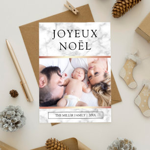 Joyeux Noël   White marble Roos Gold Foil Foto Feestdagenkaart