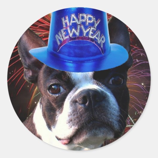 Joyeux Nouvel An Boston terrier autocollants (Devant)