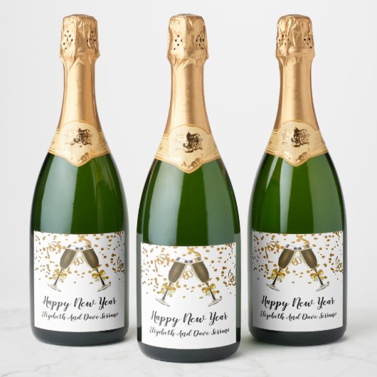 Joyeux Nouvel An Vin Étincelant Étiquette Or sur b (Bouteilles)