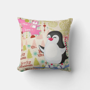 Joyeux Oreiller Pingouin Rose Jeu de Noël
