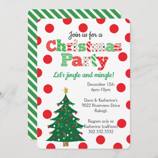 Joyeux Polka Dot Christmas Tree Party Invitation (Devant / Derrière)