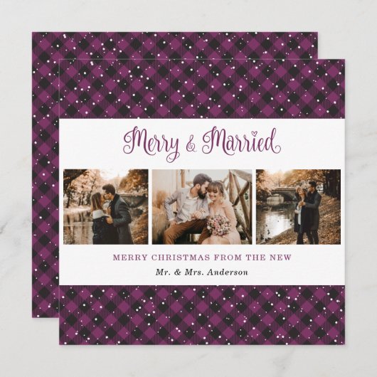 Joyeux purple plaid et carte de Noël marié (Devant / Derrière)