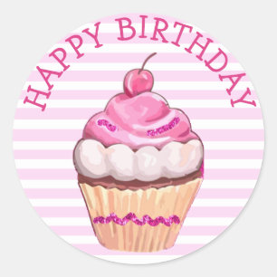 Joyeux Stickers Cupcake Anniversaire rose et blanc