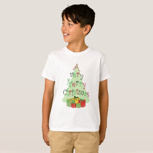 Joyeux texte de Noël avec arbre et cadeaux T-shirt (Devant entier)