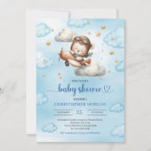 Joyful airplane teddy bear blue baby shower invite kaart (Voorkant)