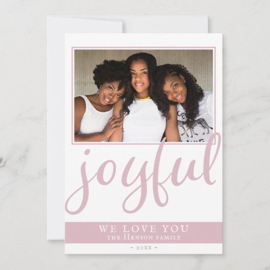 Joyful Blush Pink Script Moderne kerstfoto Feestdagenkaart (Voorkant)