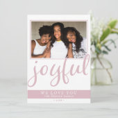 Joyful Blush Pink Script Moderne kerstfoto Feestdagenkaart (Staand voorkant)