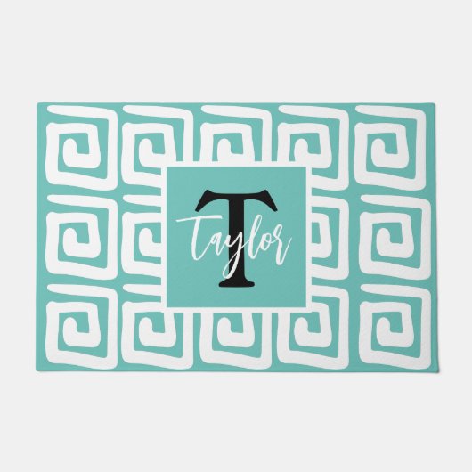 Joyful bright blue and white monogram greek key deurmat (Voorkant)
