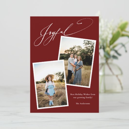 Joyful Calligraphy Red kerstfoto Zwangerschap Feestdagenkaart (Staand voorkant)