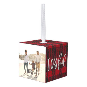 Joyful check multi foto kerstdecoratie kubus ornament