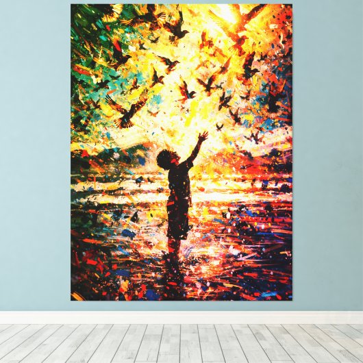 Joyful Child Playing with Birds Sunrise Water Canvas Afdruk (Insitu (Houten vloer))