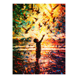 Joyful Child Playing with Birds Sunrise Water Foto Afdruk