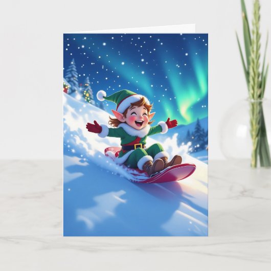 Joyful Christmas Elf Sledding Personalize Kaart (Voorkant)