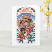 Joyful Christmas Pyramid – Kids Building a Snowman Kaart (Gele Bloem)