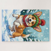 Joyful Corgi Dog Bouncing in Snow with Pom Pom Legpuzzel (Horizontaal)