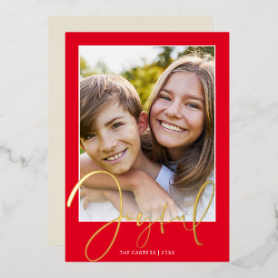 JOYFUL FAMILY FOTO leuk script overlay goud rood Folie Feestdagenkaart