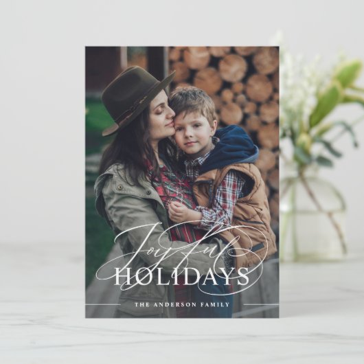 Joyful Feestdagen | Elegant Script Photo Merlot Re Feestdagenkaart (Staand voorkant)