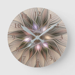 Joyful Flower Abstract Beige Brown Floral Fractal Ronde Klok