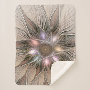 Joyful Flower Abstract Beige Brown Floral Fractal Sherpa Deken