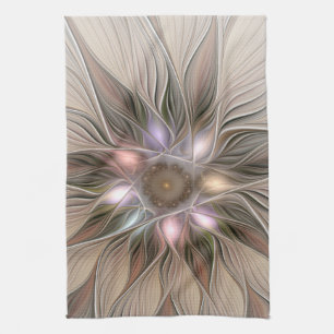 Joyful Flower Abstract Beige Brown Floral Fractal Theedoek