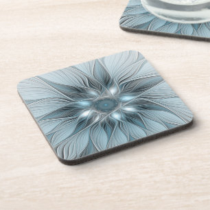 Joyful Flower Abstract Blue Gray Floral Fractal Bier Onderzetter